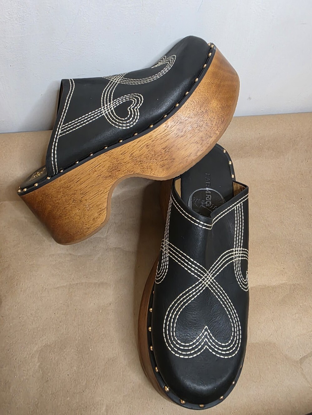 FARM Rio Black Leather Studded Clogs with White Stitching - Picture 3 of 5